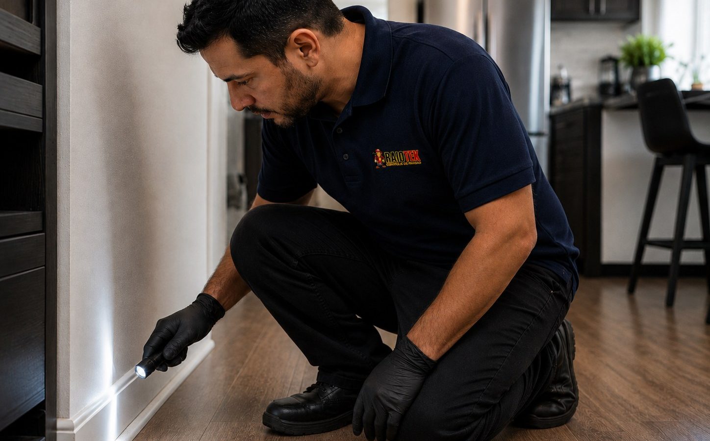 Profissional inspecionando rodapé em serviço de controle de pragas